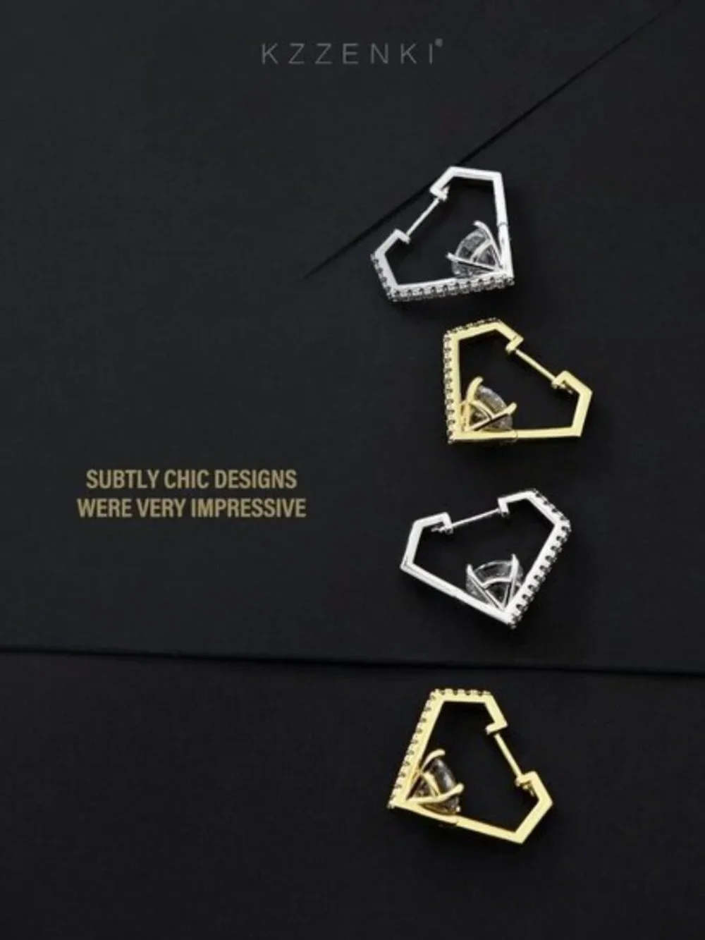 Women's 14K Gold Plated Diamond Shaped Huggie Hoop Earrings CZ Accents